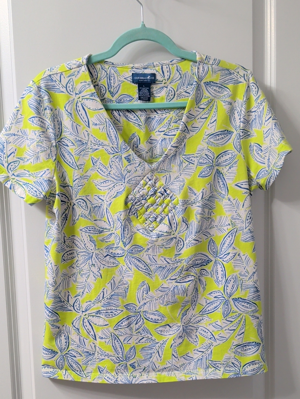 Caribbean Joe Lime Green And Blue Floral Print Short Sleeve Top